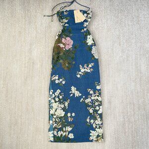 NWT Pheme Paris Floral Halter Silk Cotton Summer Cocktail Maxi Dress XS Blue